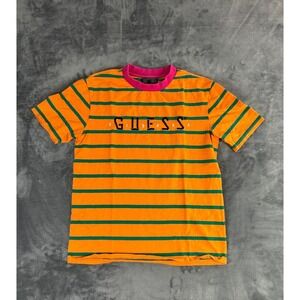 Vintage GUESS Originals Striped T-Shirt Mens Small Orange Pink Spell out